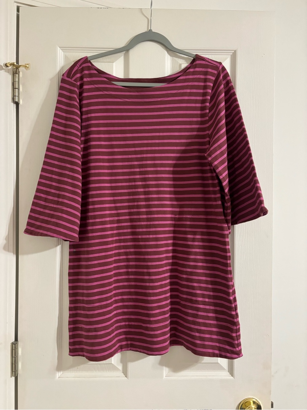 Striped Pink & Burgundy Mini Dress — Casual Boatneck Style